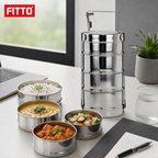 60 Pieces Stainless Steel Tiffin Lunch Box, 10 Inch, 4 Tier Stackable Meal Container with Carry Handle