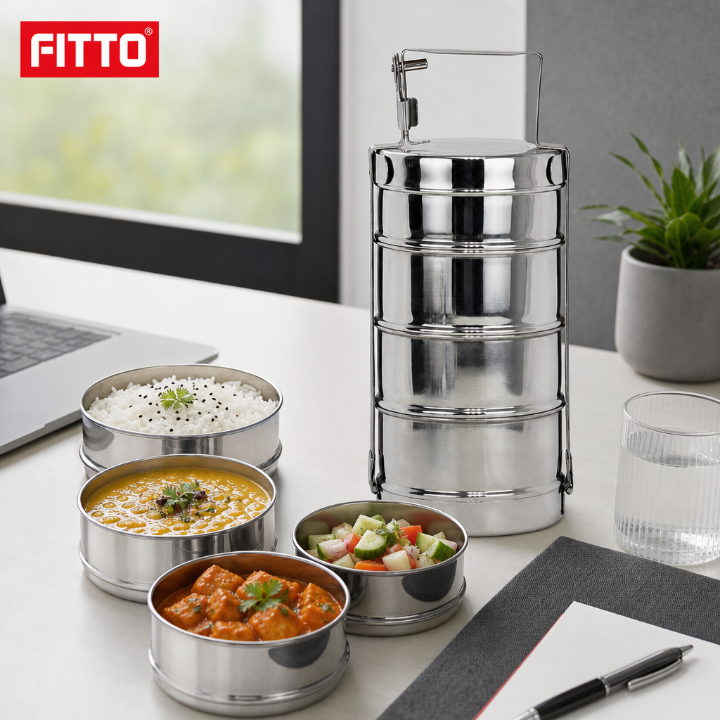 60 Pieces Stainless Steel Tiffin Lunch Box, 10 Inch, 4 Tier Stackable Meal Container with Carry Handle