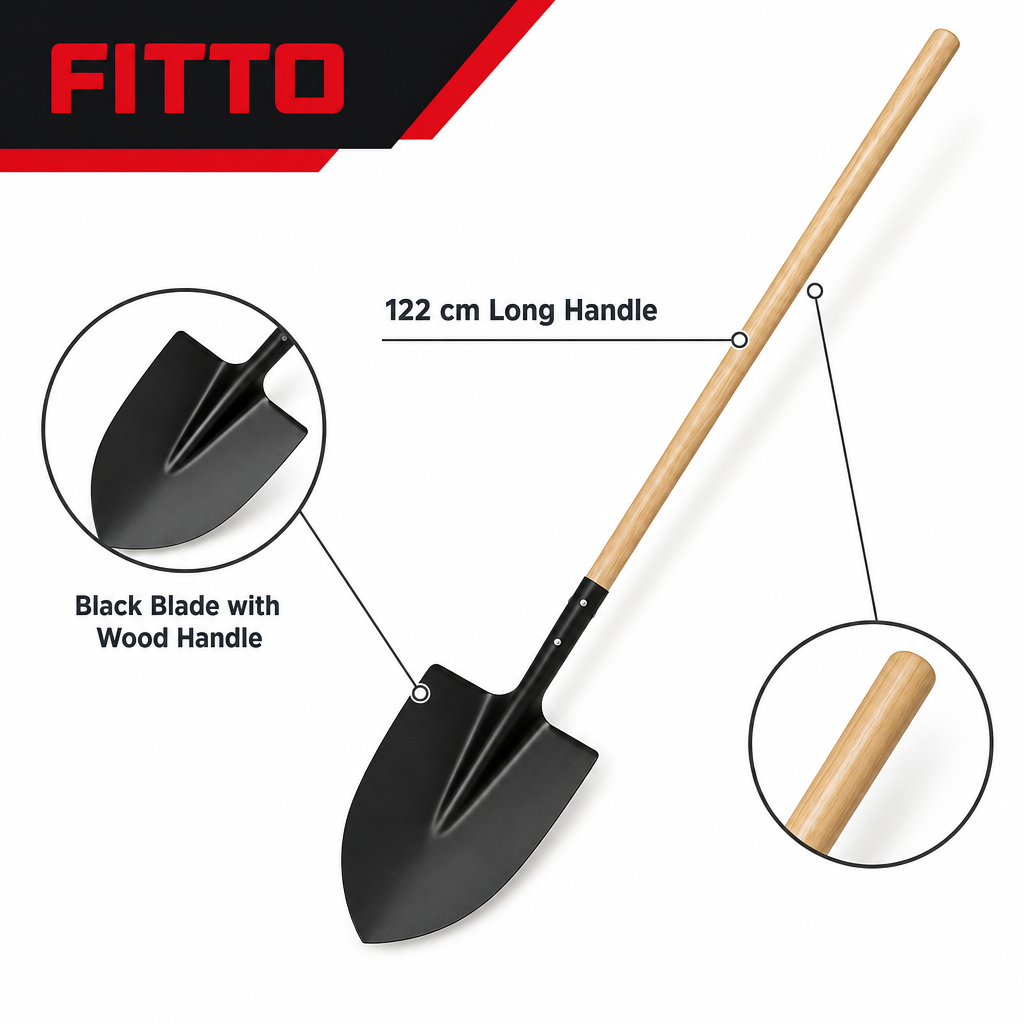 96 Pieces Long-Handle Garden Digging Shovel, 122 cm, Black and Natural Wood, 1 Piece