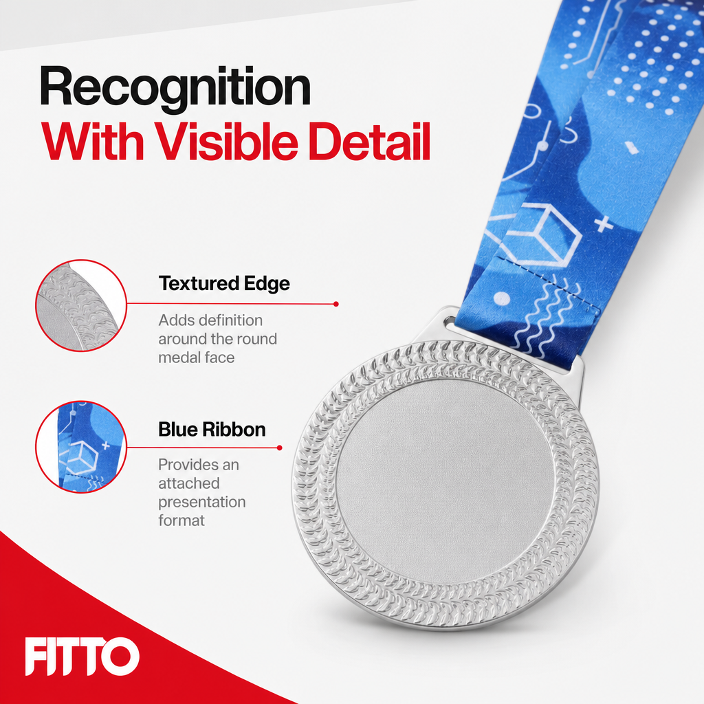 144 Pieces Textured Edge Sports Medal with Blue Ribbon, Silver, 10 x 8 cm