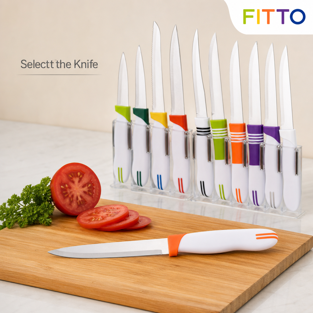 96 Pieces Kitchen Knives Set, Stainless Steel Blades with White Handles and Multi-Colour Accents, 12 Pieces