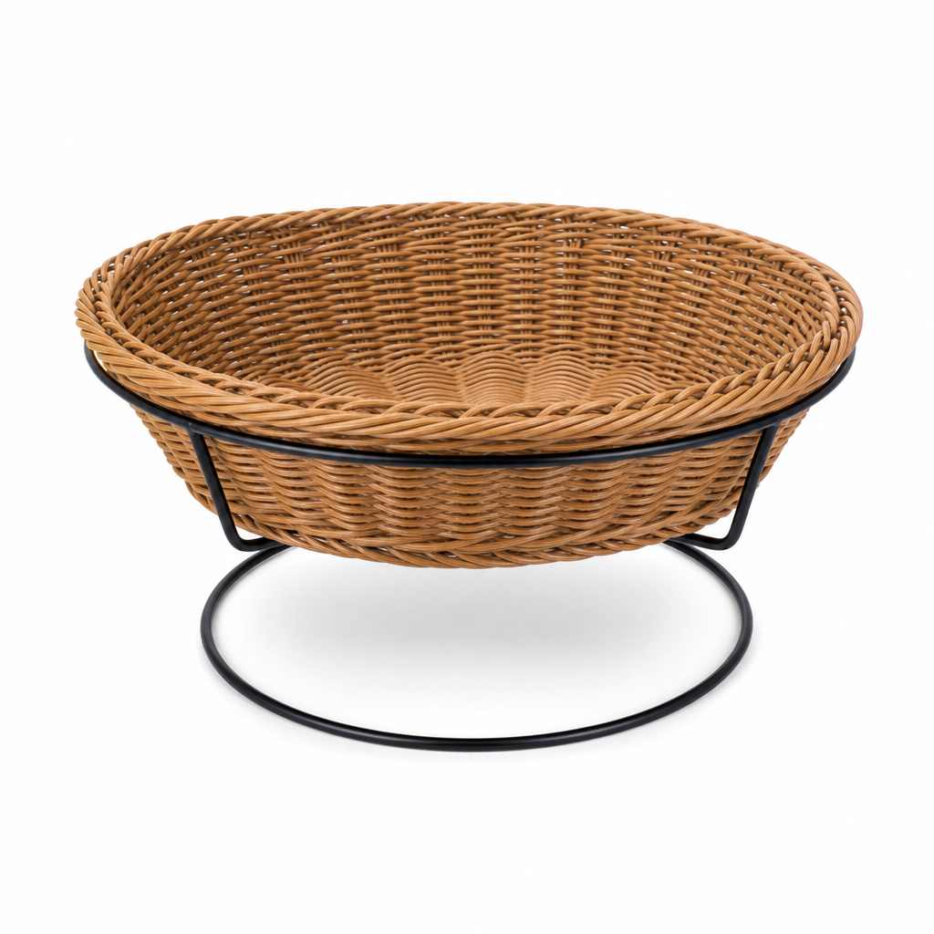 48 Pieces Round Wicker Fruit Baskets with Metal Stand, Natural, 42 x 42 x 18 cm