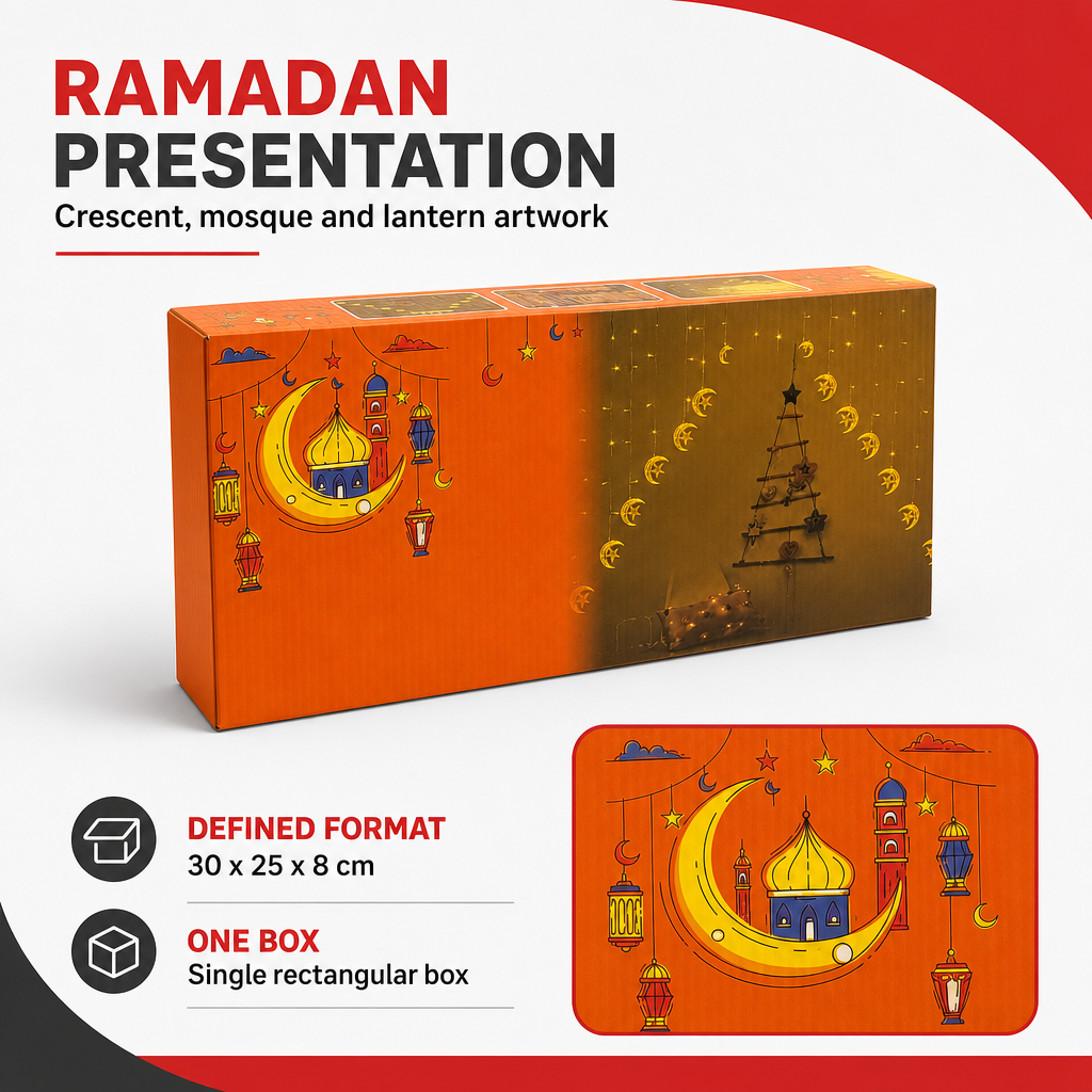 96 Pieces Ramadan Decorative Paper Box with Crescent and Mosque Design, Orange and Brown, 1 Piece, 30 x 25 x 8 cm