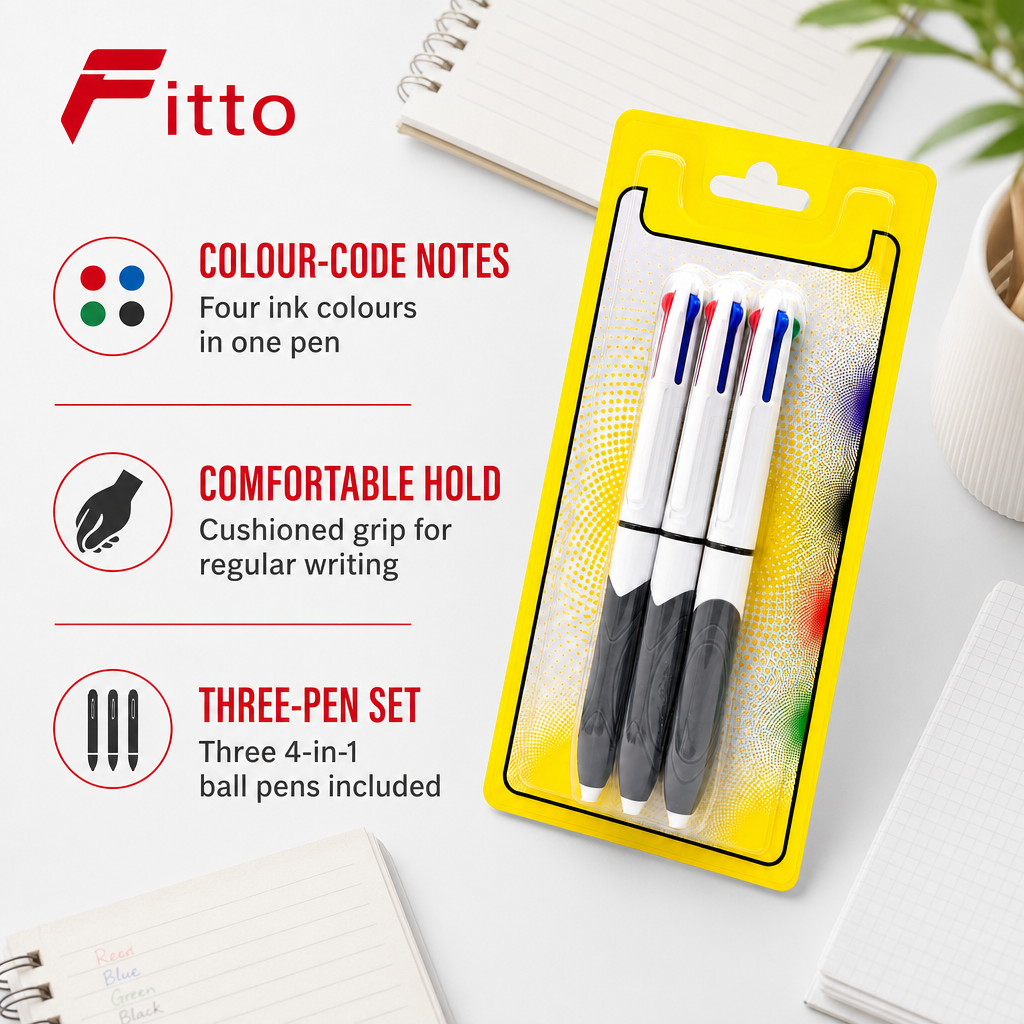 120 Pieces 4-in-1 Ball Pens with Cushioned Grip, 1.0 mm, 3-Pack