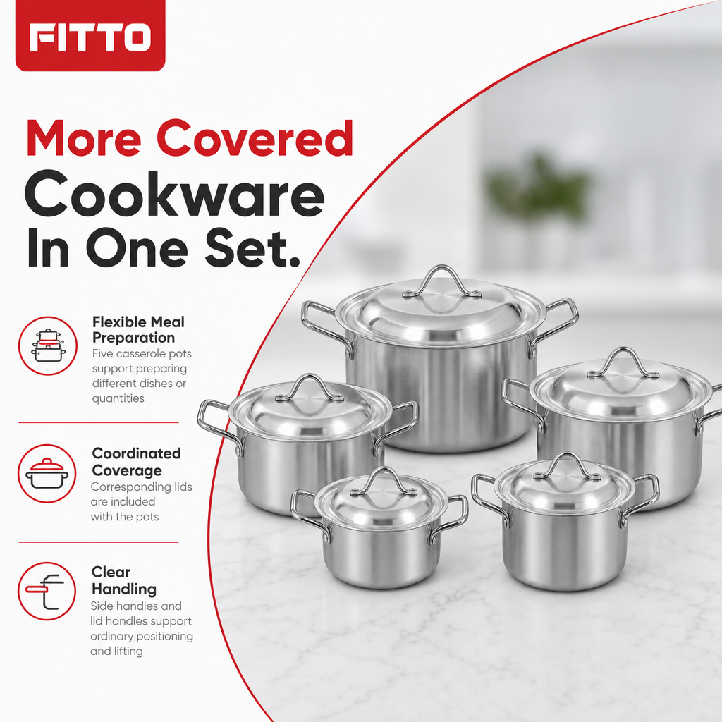 48 Pieces Stainless Steel Casserole Pot Set With Lids, Large Size, 5-Piece Cookwares Set