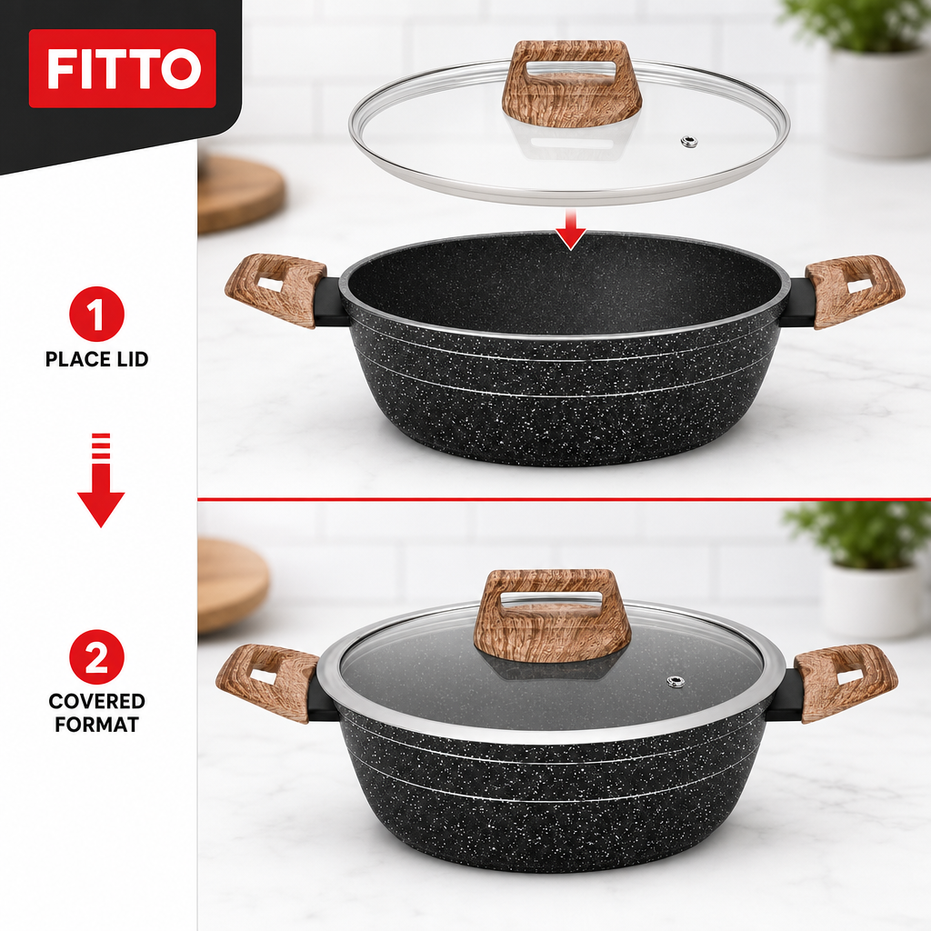 48 Pieces Forged Aluminium Casserole with Glass Lid, 20 x 9 cm, Black Speckled