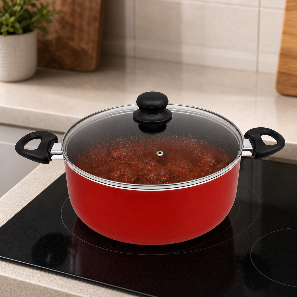 48 Pieces 30 cm Aluminium Non-Stick Saucepot with Glass Lid and Side Handles, Red