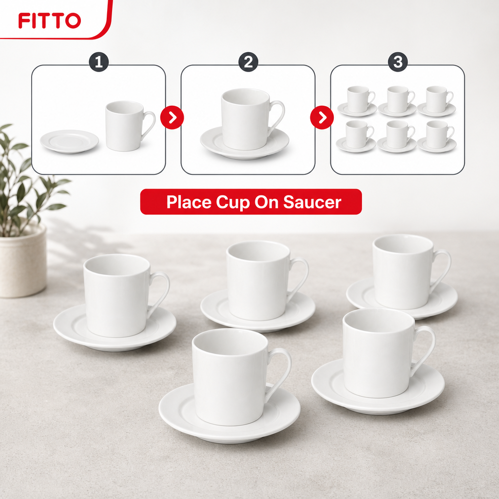 72 Pieces Ceramic Tea and Coffee Cup and Saucer Set, White, 12 Pieces
