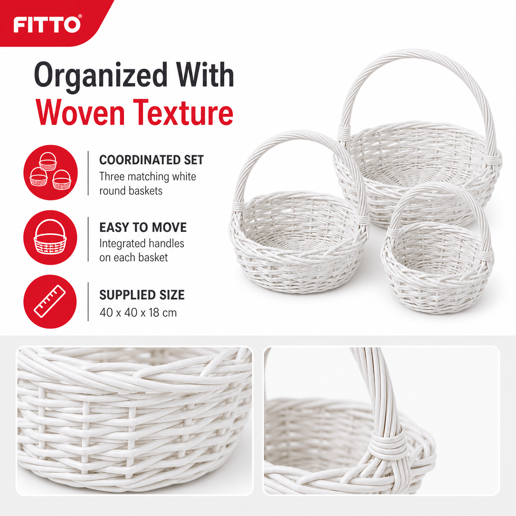 48 Pieces Round Wicker Basket Set with Handles, White, 3 Piece
