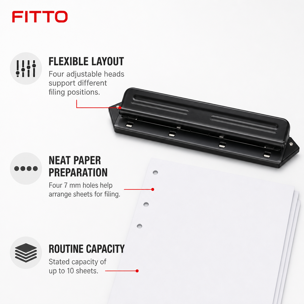 72 Pieces Adjustable Paper Punches, 7 mm Four-Hole Design, 10-Sheet Capacity, Black, 1 Piece