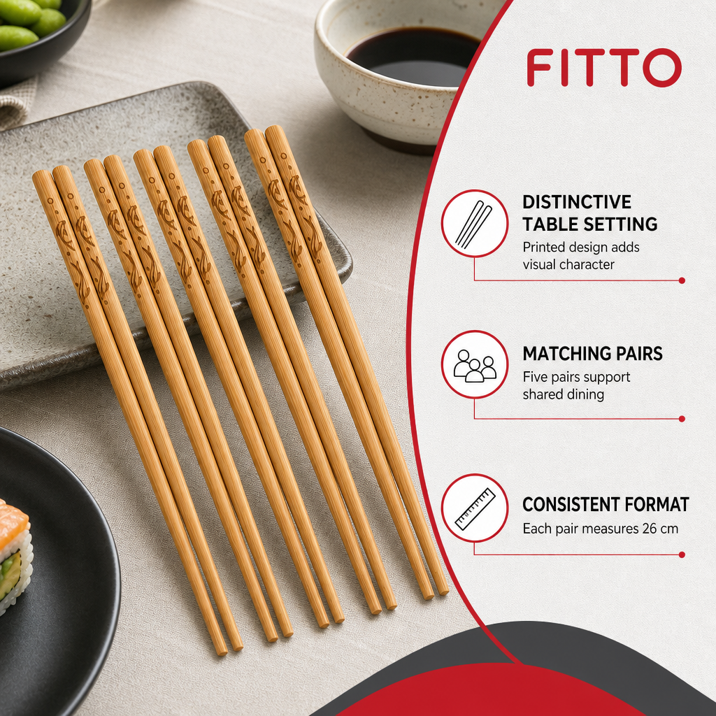 144 Pieces Bamboo Chopsticks 5 Pairs 26 cm with Printed Design for Dining and Table Settings