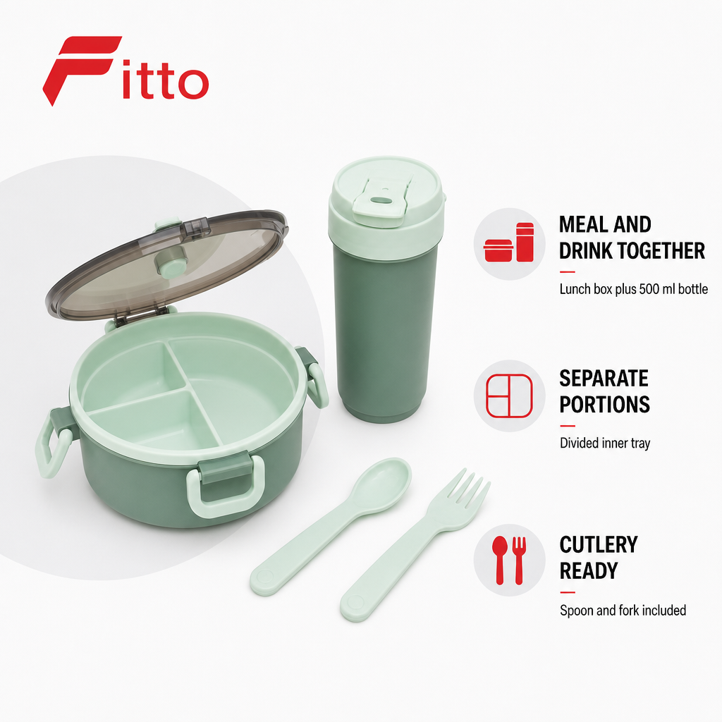 96 Pieces Round Plastic Lunch Box Set with 500 ml Bottle and Cutlery, Assorted Colour