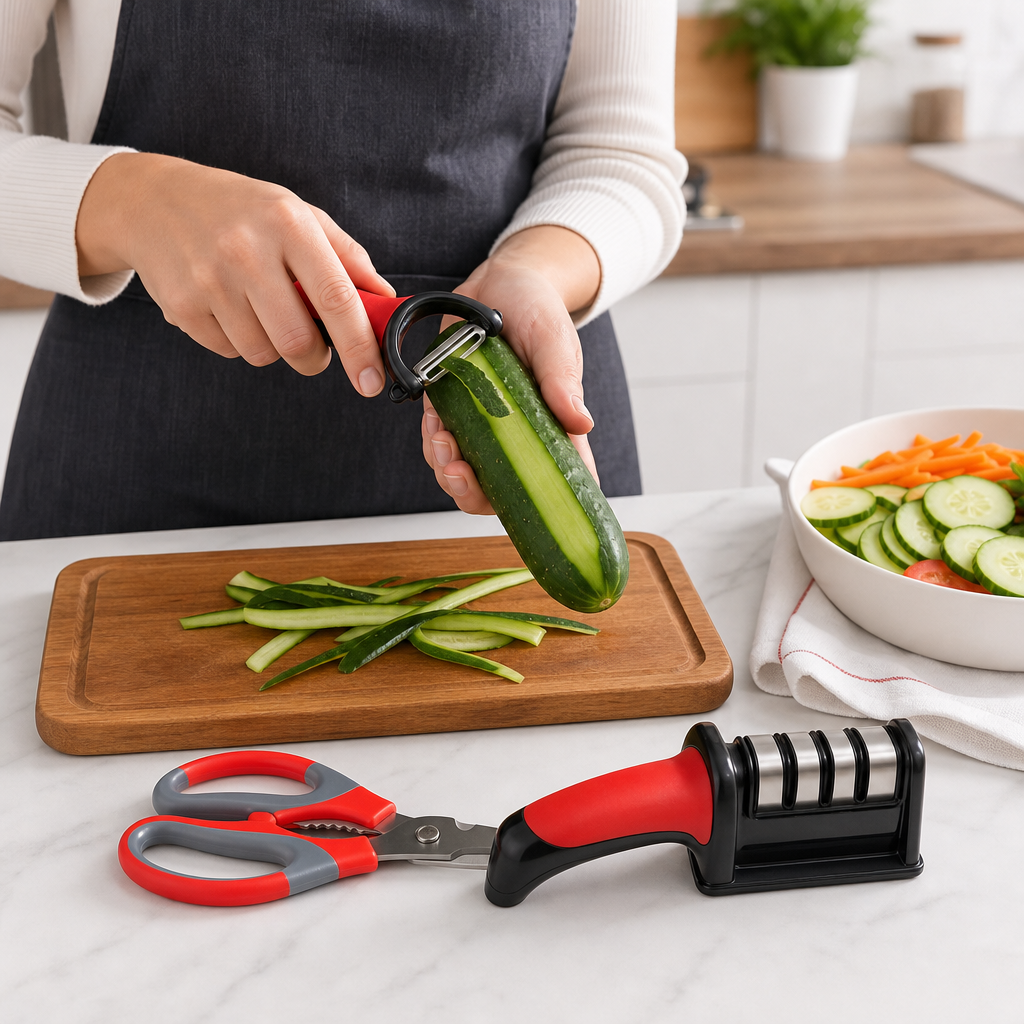 96 Pieces Kitchen Tool Set with Scissors, Knife Sharpener and Peeler, 3 Pieces