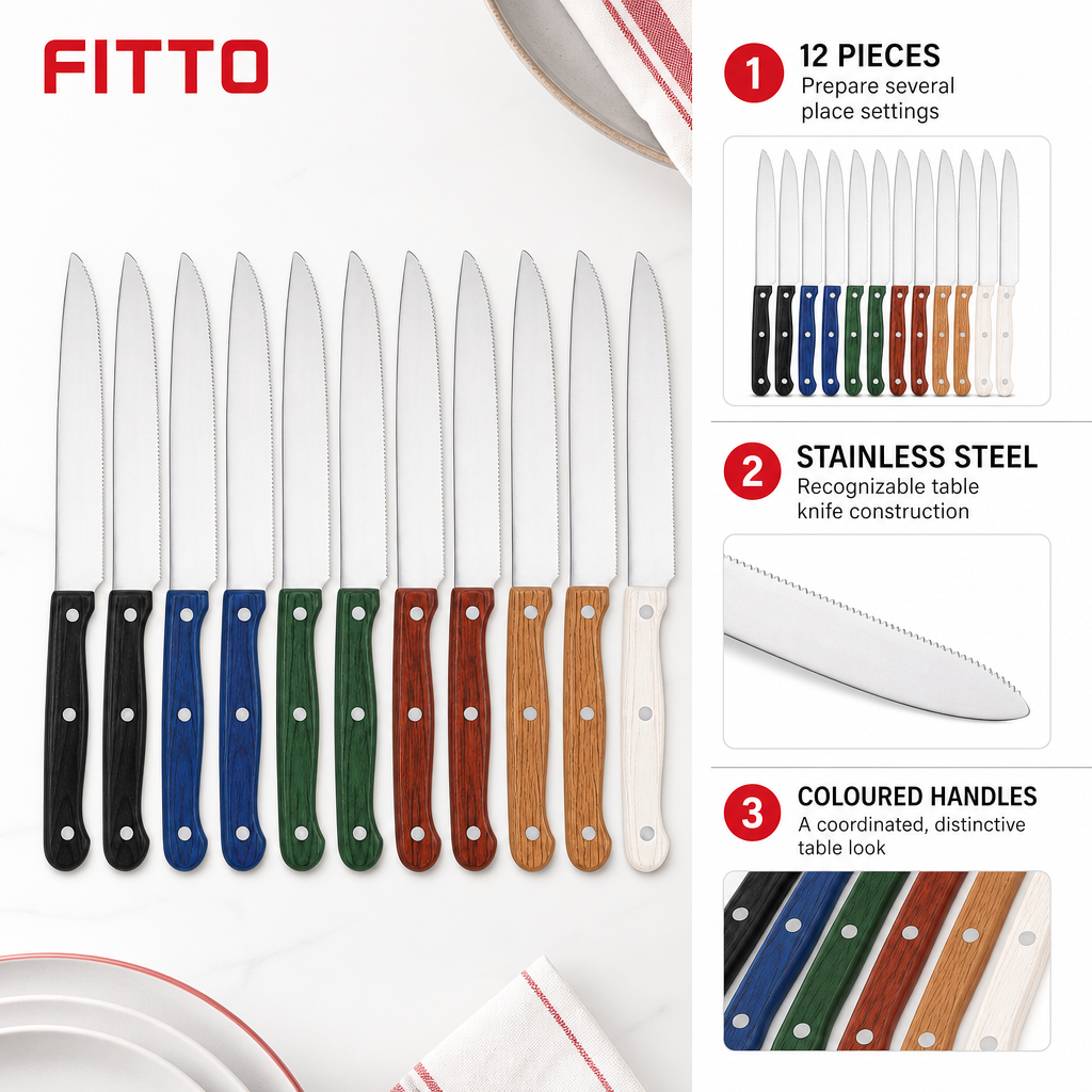 144 Pieces Stainless Steel Table Knife Set with Coloured Handles, 12-Piece
