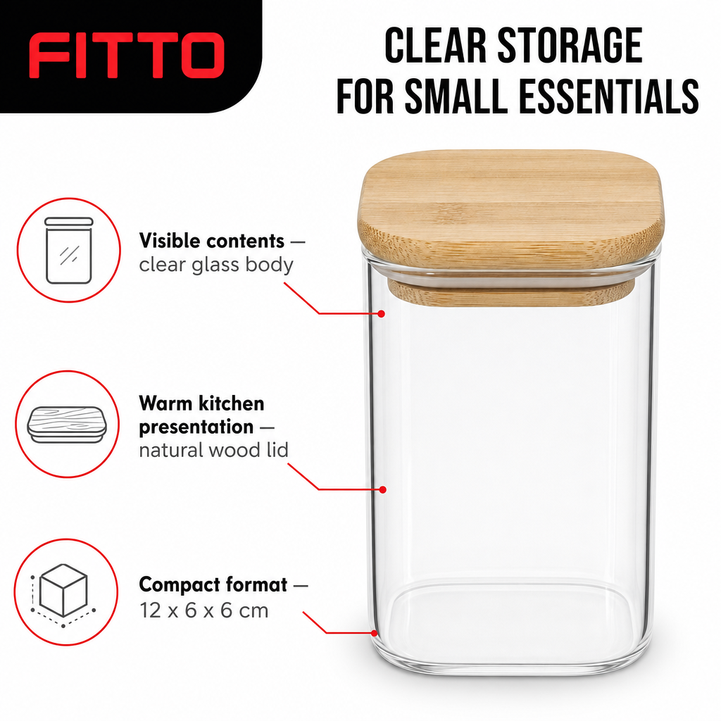 144 Pieces Glass Storage Jar with Wooden Lid, 12 x 6 x 6 cm, Clear and Natural Wood, 1 Piece