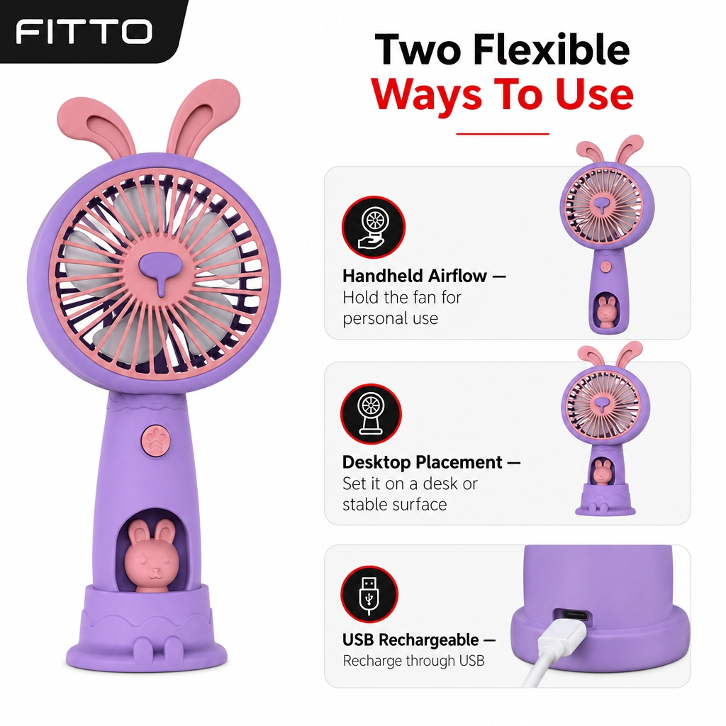 120 Pieces Mini USB Rechargeable Handheld and Desktop Fan, Rabbit-Ear Design, Purple