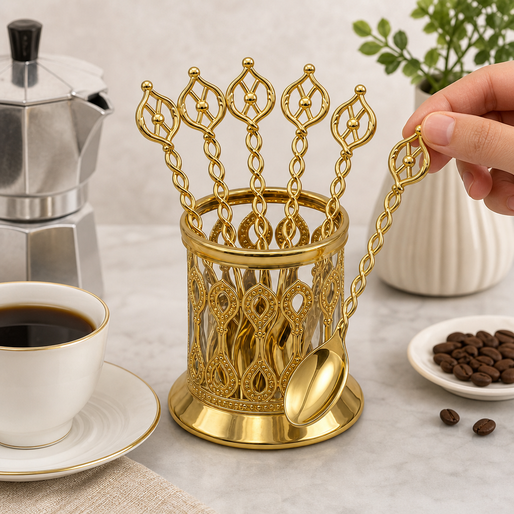 96 Pieces Gold-Tone Decorative Coffee Spoon Set with Ornate Holder, 7 Pieces