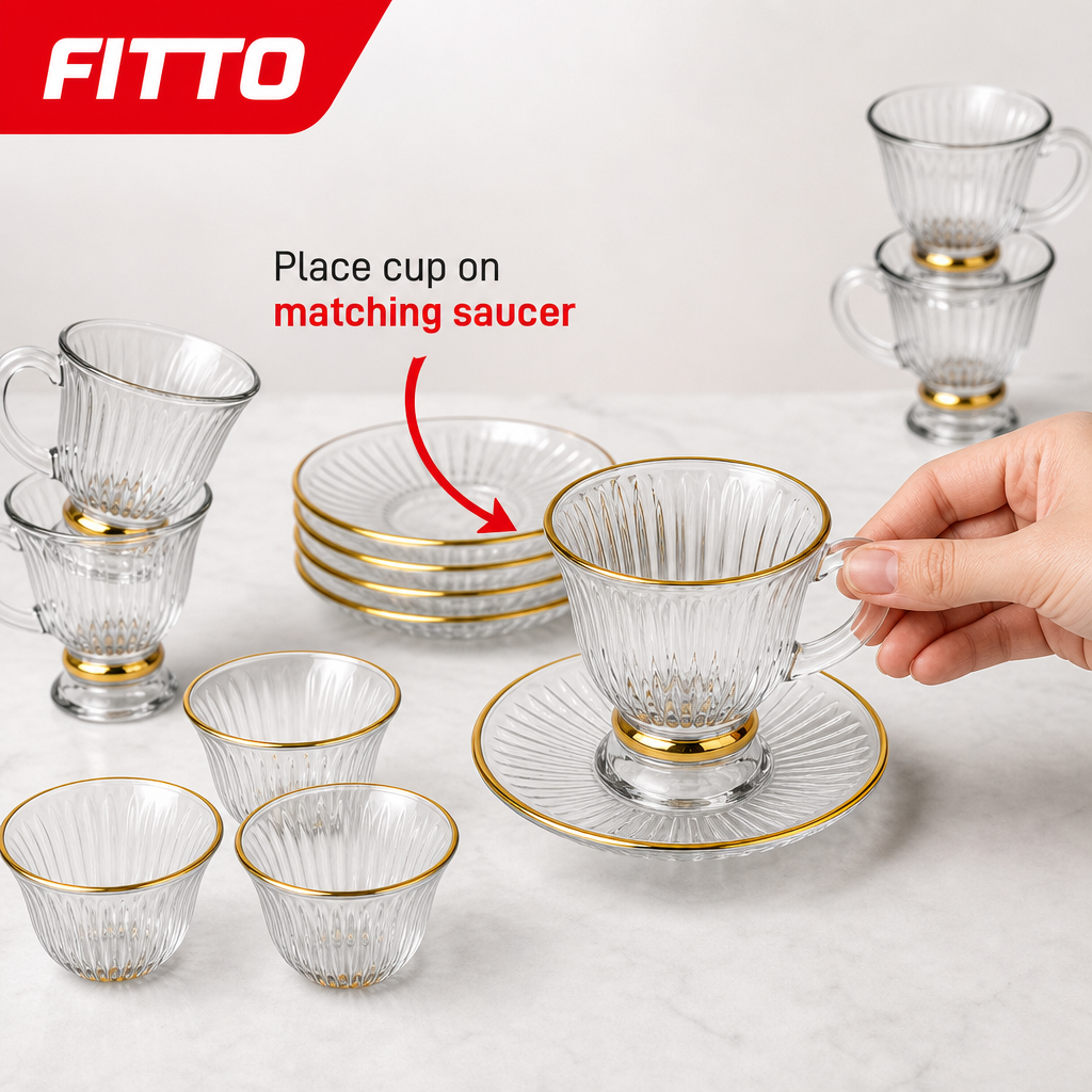 48 Pieces Clear Fluted Glass Tea and Coffee Set with Gold Accents, 18 Pieces