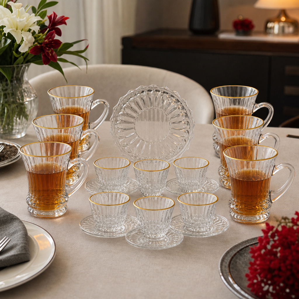 48 Pieces Clear Faceted Glass Tea and Coffee Set, 18 Pieces, Gold-Rimmed Cups and Saucers