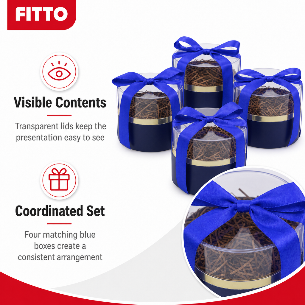 60 Pieces Blue Round Acrylic Presentation Boxes with Ribbon, 12 x 12 x 11.5 cm, 4 Pieces