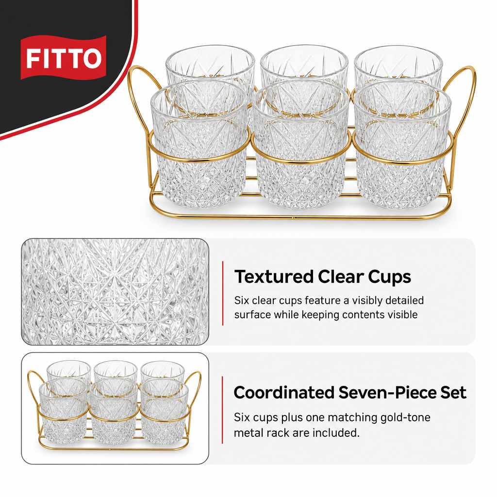 60 Pieces Textured Clear Glass Cup Set with Gold-Tone Metal Rack, 6 Cups and Rack, 7-Piece Drinkwares Set