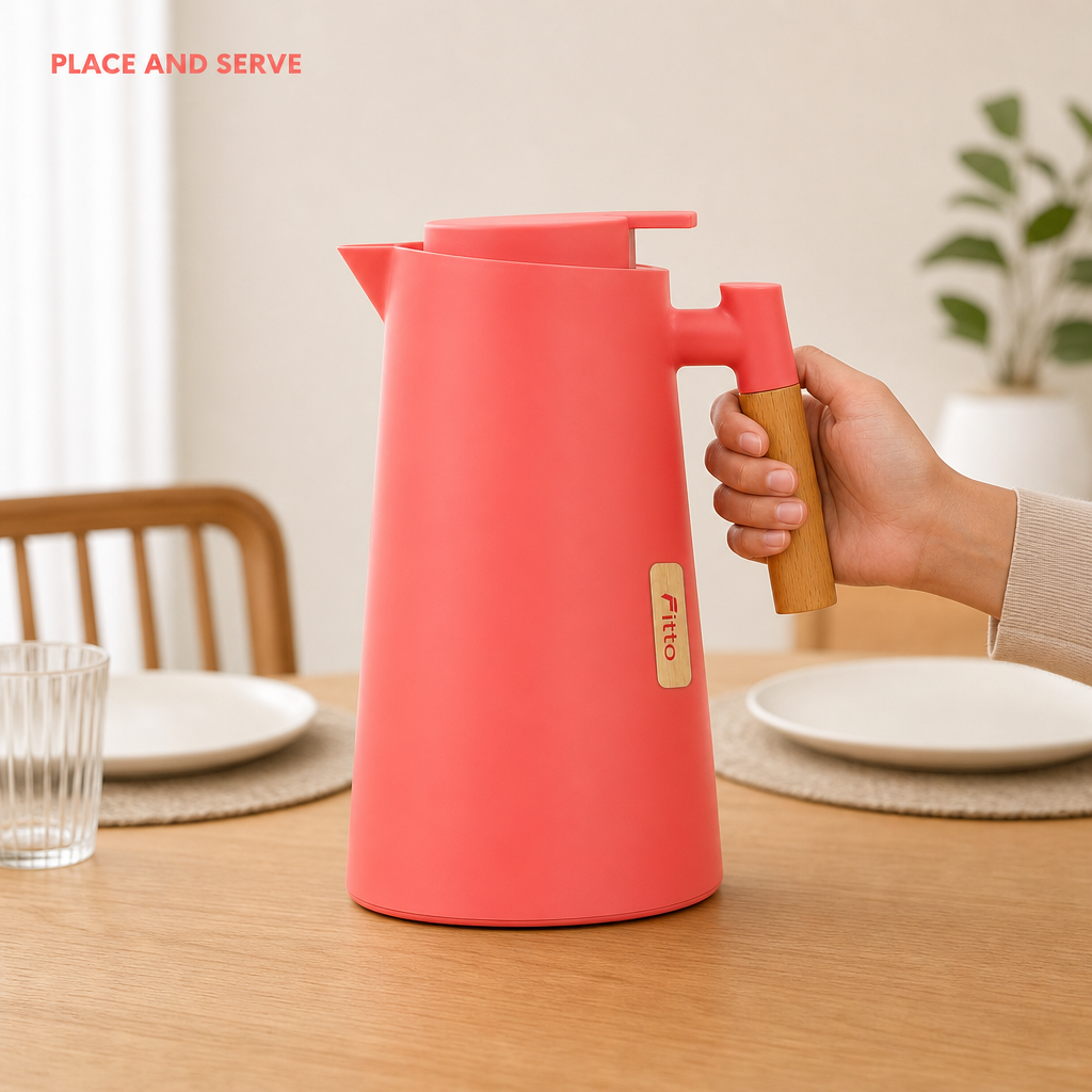 72 Pieces Plastic Vacuum Flask with Glass Refill, 1 Litre, Coral with Wood-Effect Handle