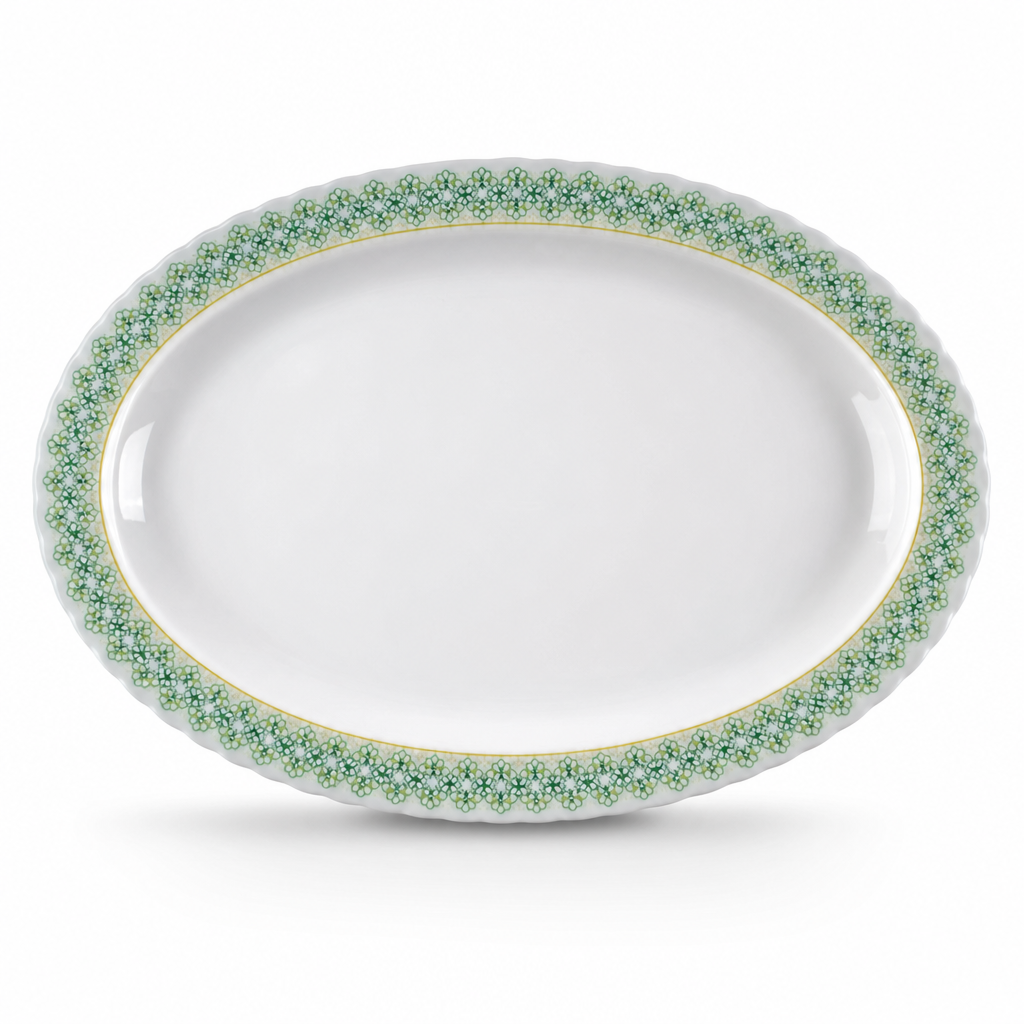 96 Pieces Melamine Wavy Oval Serving Plate, 14 Inch, White with Green and Yellow Pattern