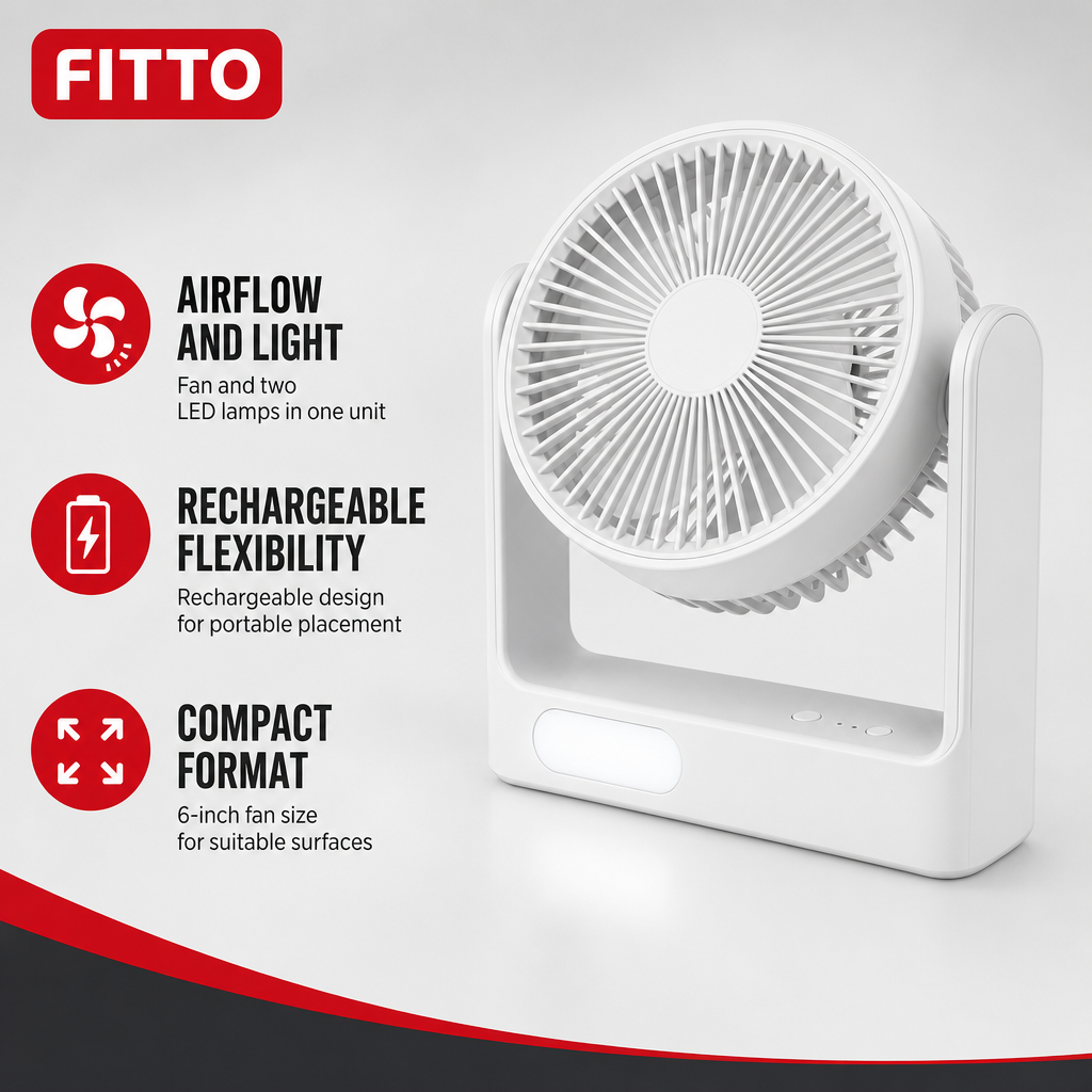 48 Pieces White 4-in-1 Rechargeable 6 in Portable Fans with 2 LED Lamps, 1 Piece