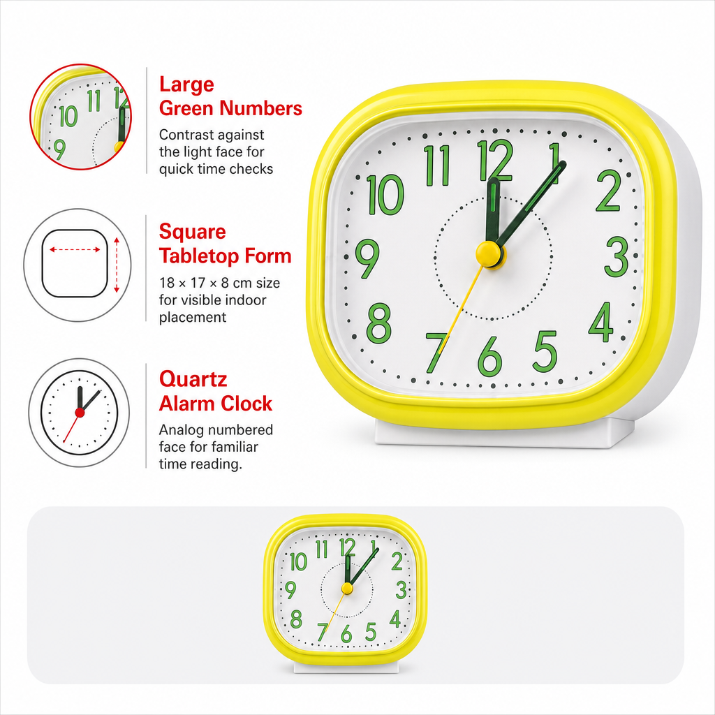 96 Pieces Quartz Alarm Clocks, Yellow and White Square Design with Large Green Numbers for Bedroom or Desk
