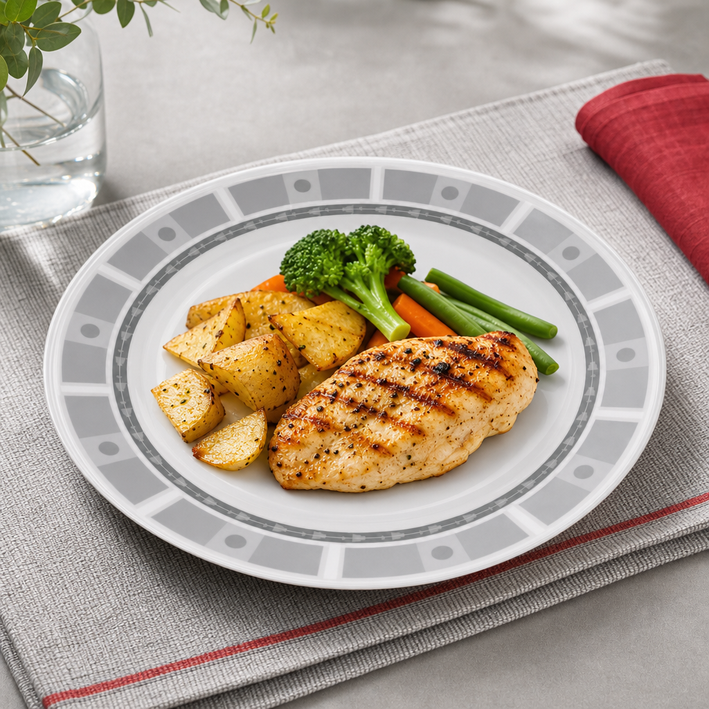 96 Pieces Melamine Dinner Plate, 11 Inch Round Plate with Grey Geometric Border, Single Piece Tablewares