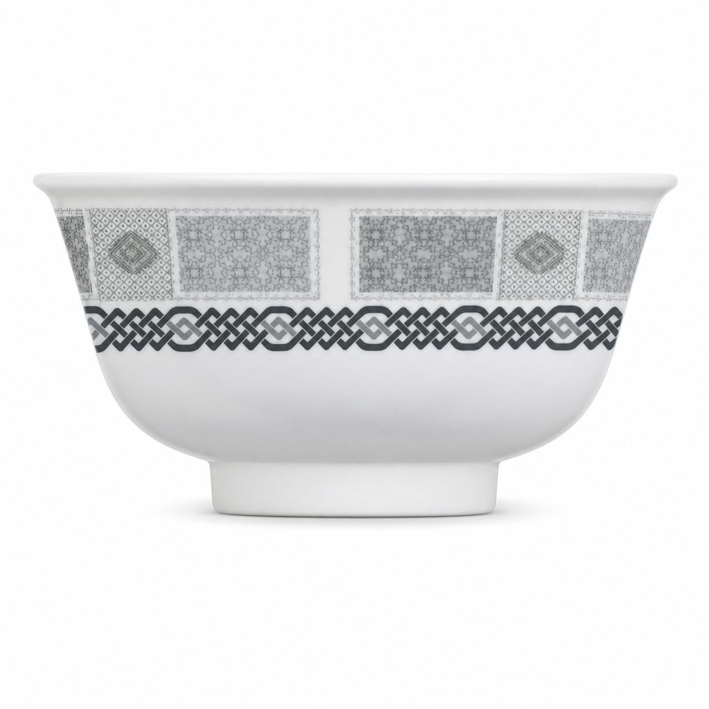 144 Pieces Rice Bowl, 4 Inch, Grey With Geometric Border, Single Tablewares Bowl for Side Portions and Serving