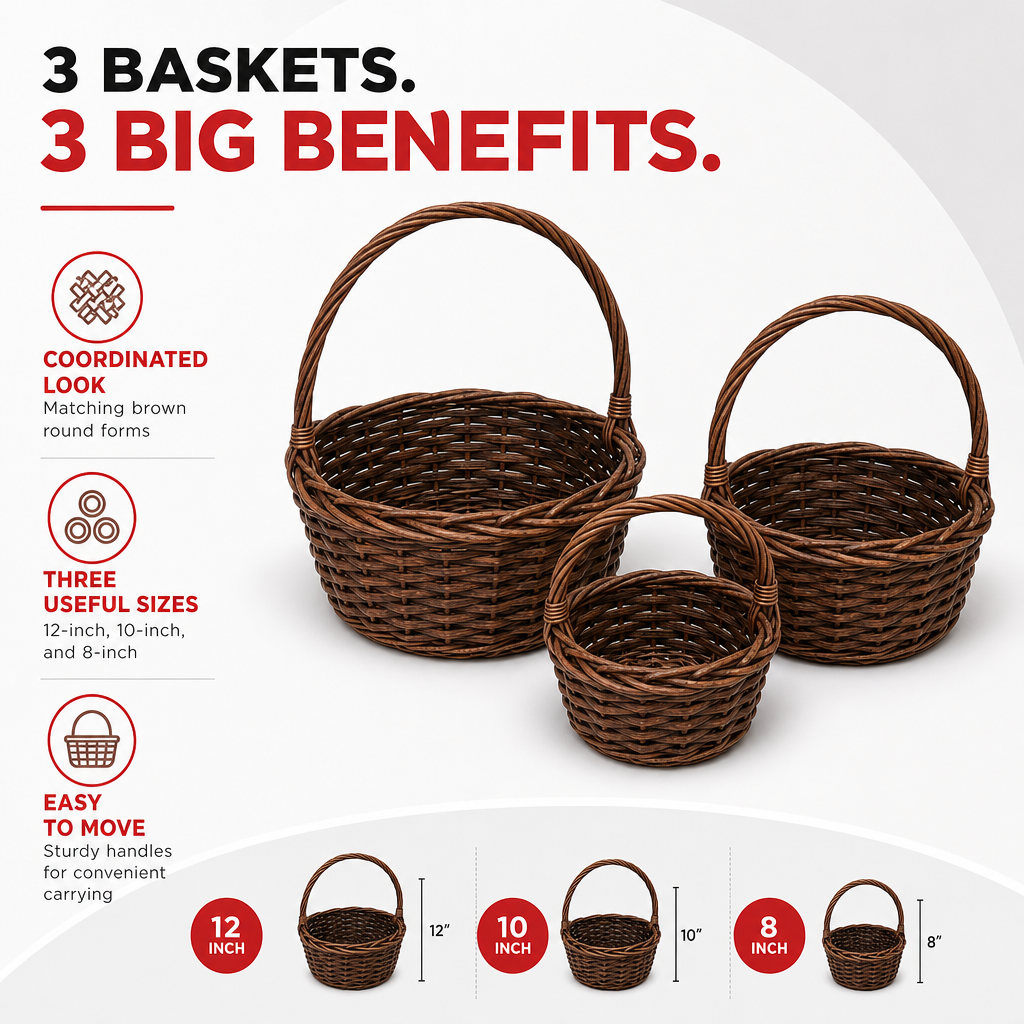 60 Pieces Round Woven-Style Storage Basket Set, Brown, Nesting Baskets with Carry Handles, 12 in, 10 in and 8 in, 3 Pieces