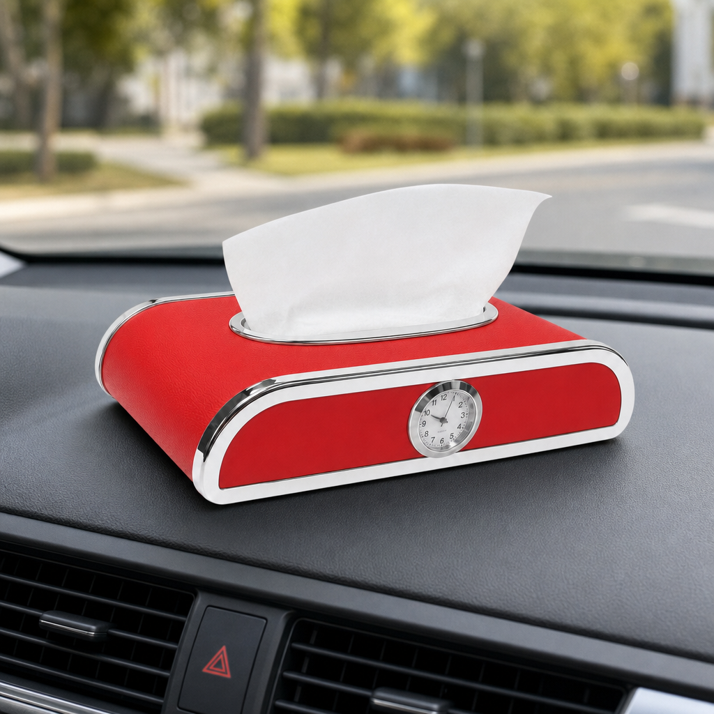 60 Pieces Car Dashboard Tissue Box Holder with Analog Clock, Red, 25 x 14 x 10 cm