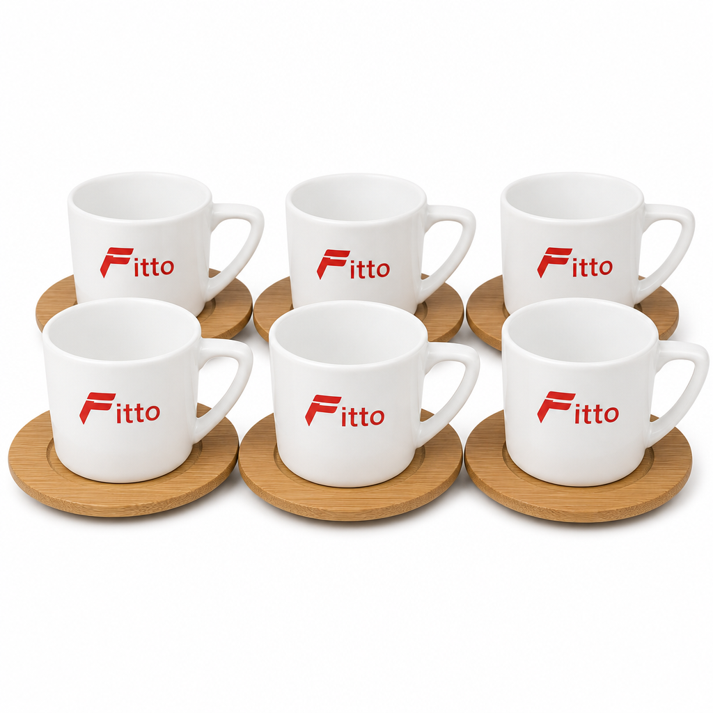 60 Pieces Ceramic Tea and Coffee Cups with Looped Handles and Wooden Saucers, White and Natural Wood, 6 Pieces