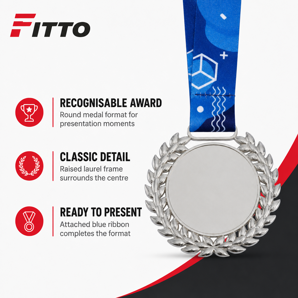 144 Pieces Laurel Frame Sports Medal with Blue Ribbon, Silver, 10 x 8 cm