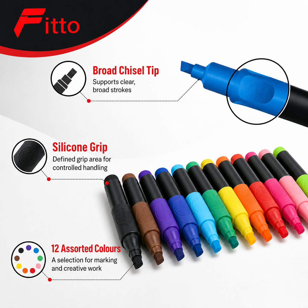 96 Pieces Permanent Markers, Chisel Tip with Silicone Grip, Assorted Colours, 12 Pieces
