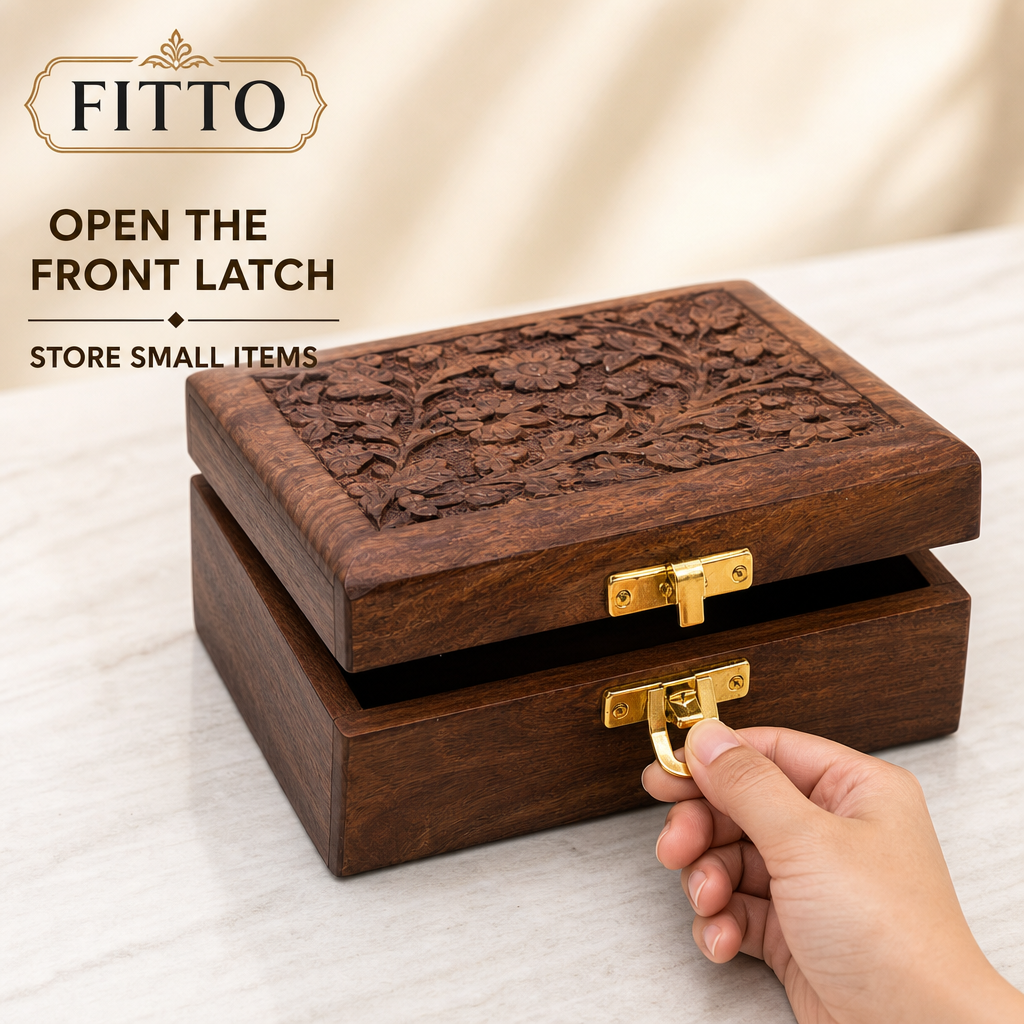 120 Pieces Wooden Rectangular Storage Box, Carved Lid and Front Latch, 7 x 5 Inch