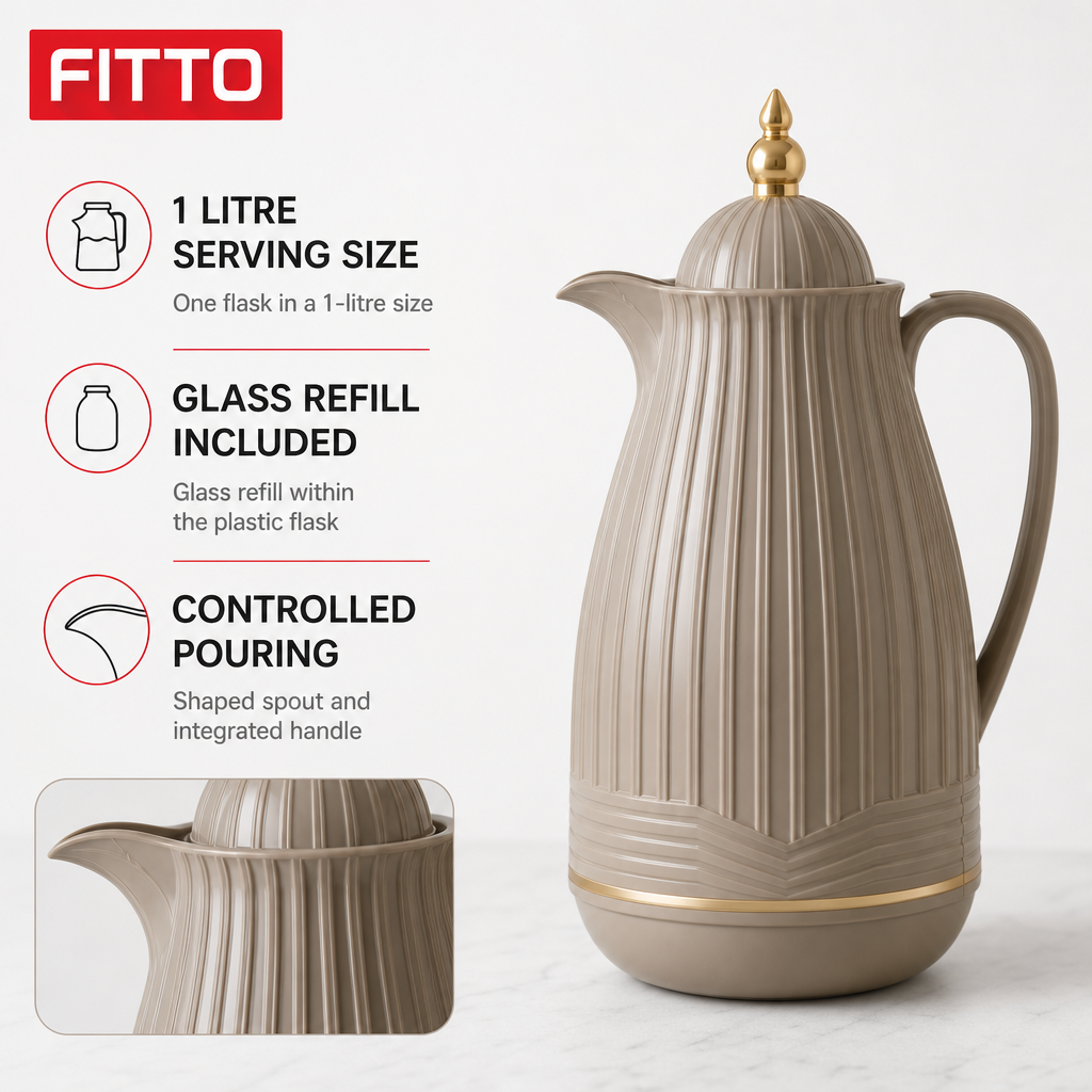 60 Pieces Plastic Vacuum Flask with Glass Refill, 1 Litre, Taupe