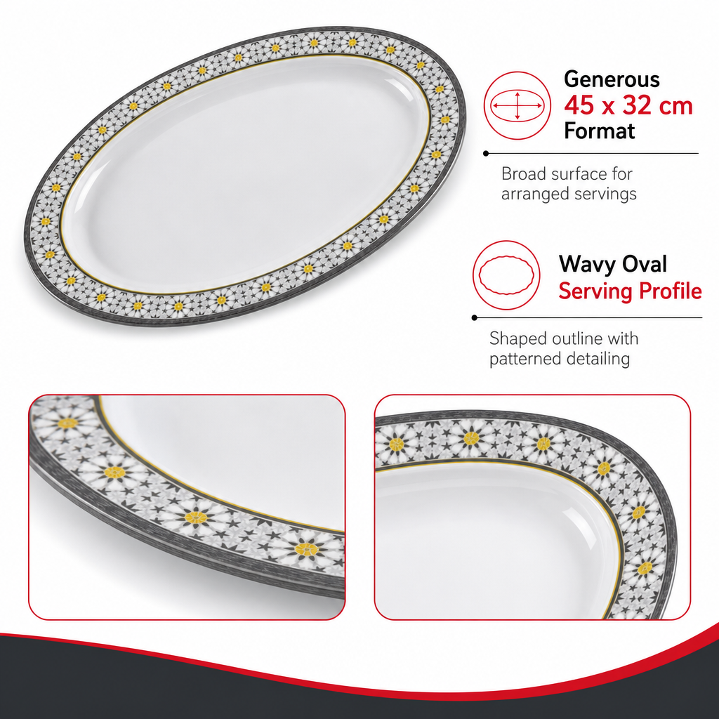 96 Pieces Melamine Wavy Oval Serving Plate, 17 Inch, White Grey with Yellow Accents