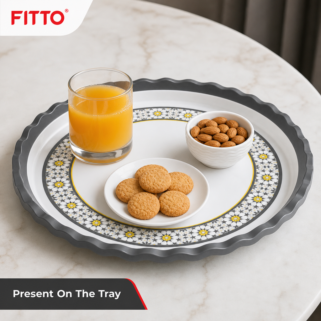 96 Pieces Melamine Round Wavy Serving Trays, 30 cm, White and Grey with Yellow Accents