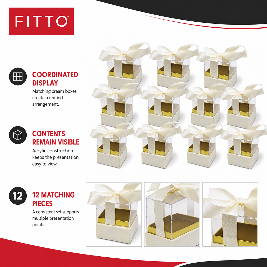 60 Pieces Acrylic Favor Boxes, Cream Square Boxes with Ribbon, 6.5 × 6.5 × 7.2 cm, 12 Pieces
