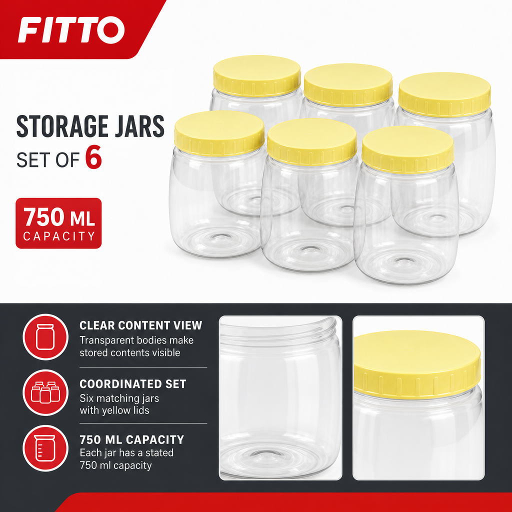 96 Pieces Food Storage Jars with Yellow Lids, 750 ml, Clear Plastic Containers, Pack of 6