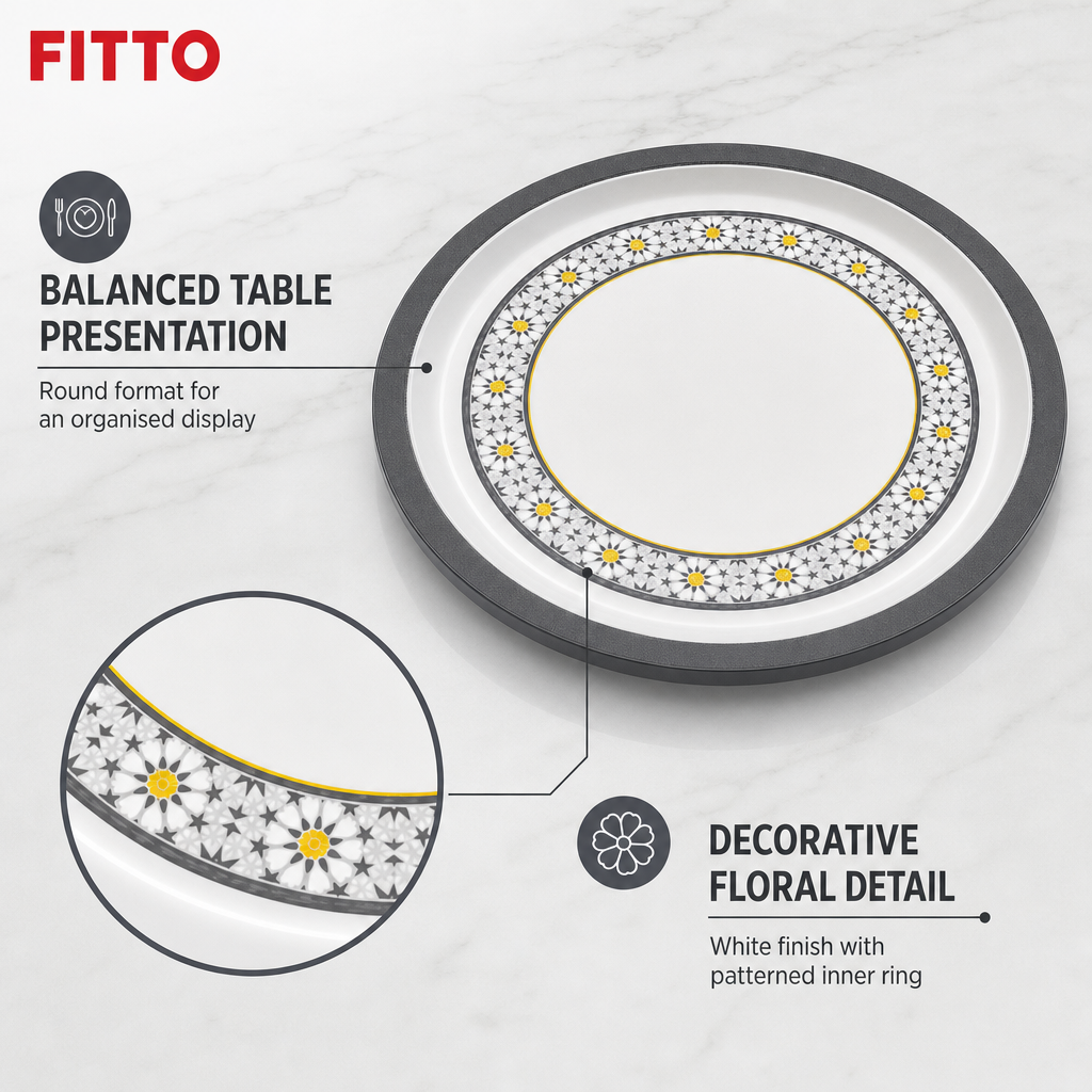 72 Pieces Round Melamine Woven Serving Trays, 50 cm, White With Floral Pattern