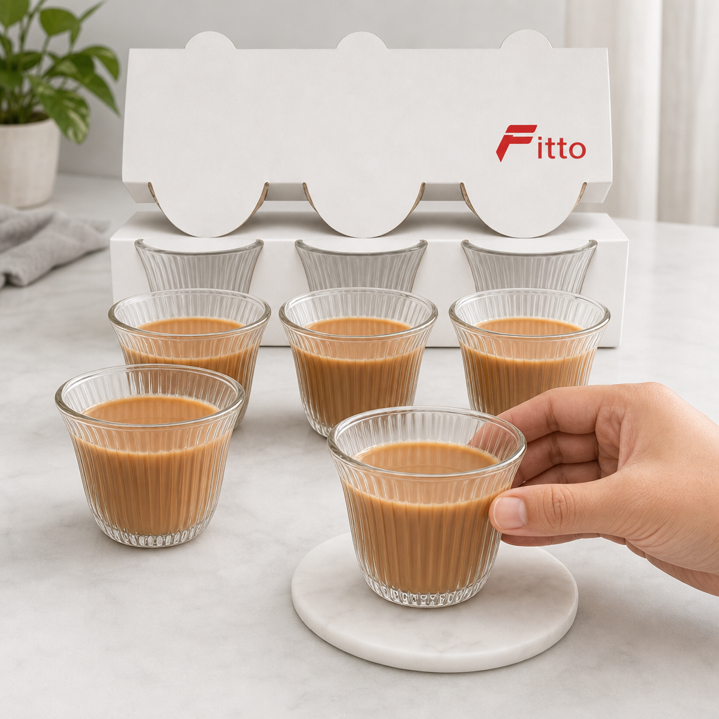 96 Pieces Clear Glass Cawa Cups with Fine Ribbed Design, 6 Pieces