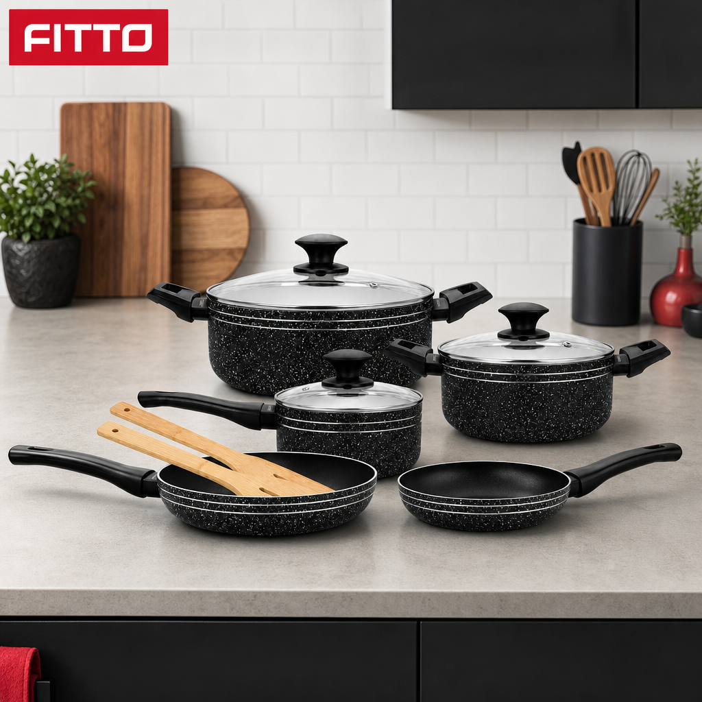 48 Pieces 7-Piece Non-Stick Cookwares Set with Glass Lids, Black Pots and Pan Set for Home Cooking