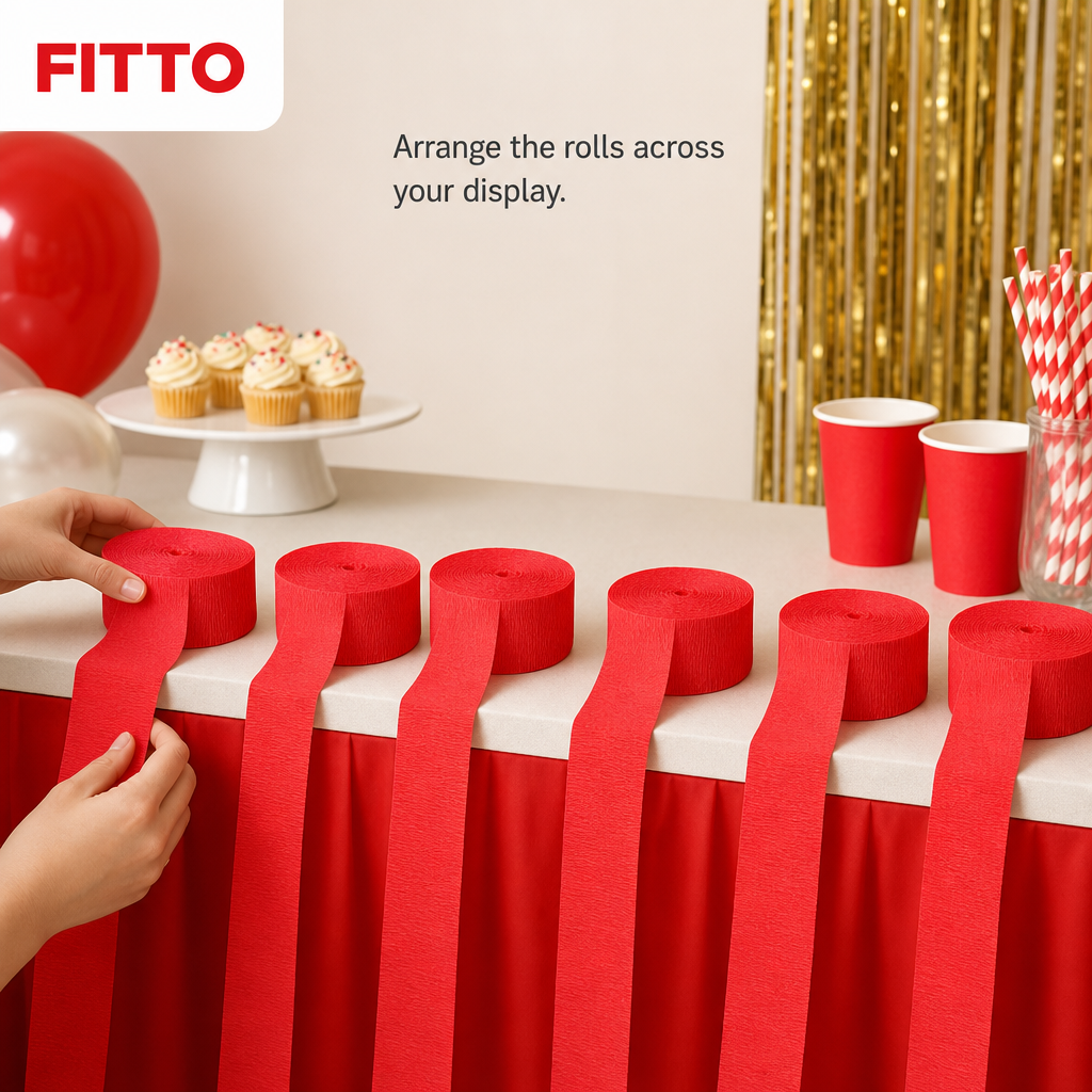 144 Pieces Red Paper Party Decorations Rolls, 5 cm x 230 cm, 6 Pieces for Celebrations and Venue Styling