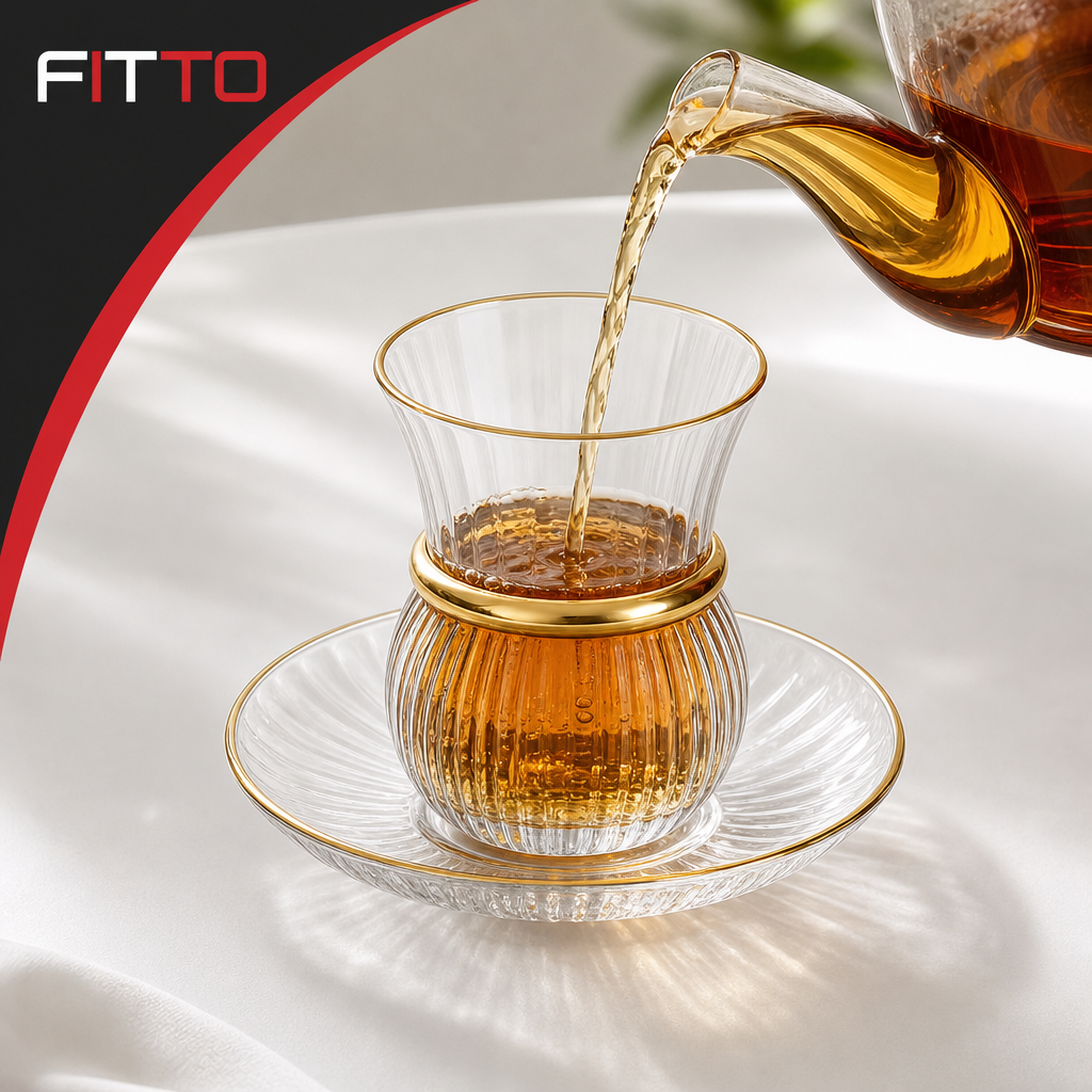 60 Pieces Ribbed Glass Tea Cup and Saucer Set with Gold Rim, Clear, 12 Pieces