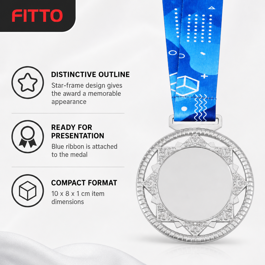 144 Pieces Star Frame Sports Medal with Blue Ribbon, Silver, 10 x 8 x 1 cm