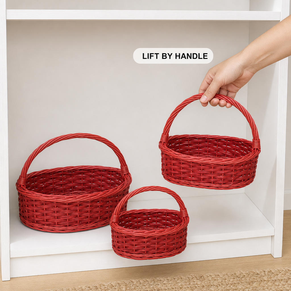 60 Pieces Oval Wicker Basket Set with Handles, Red, 3 Piece, 39 x 31 x 20 cm