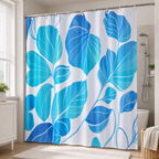 96 Pieces Blue Leaf Print PEVA Shower Curtains with 12 Hooks, 180 × 180 cm